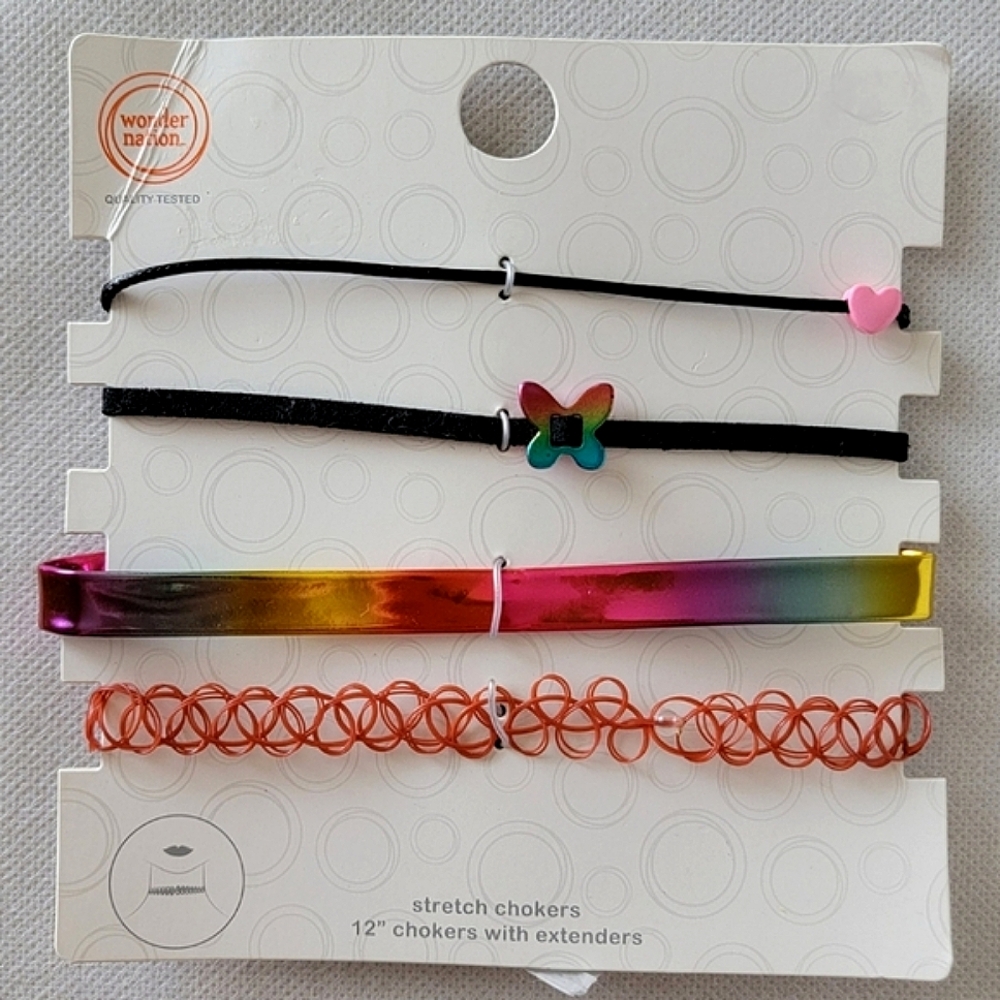 Set of 4 Choker Necklaces Rainbow Heart Butterfly Charm